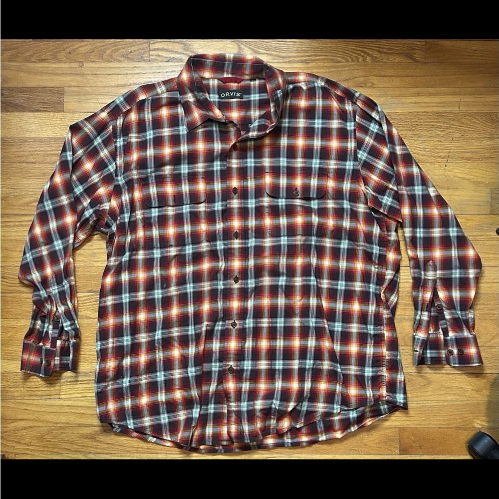 Orvis Mens Button Down Shirt Red 2XL XXL Long Sleeve Game Bird Plaid Fishing